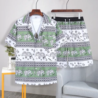 2088#เสื้อเชิ้ตเป็นชุดลายใหม่ล่าสุด ลายช้างฮาวาย เสื้อบวกกางเกง