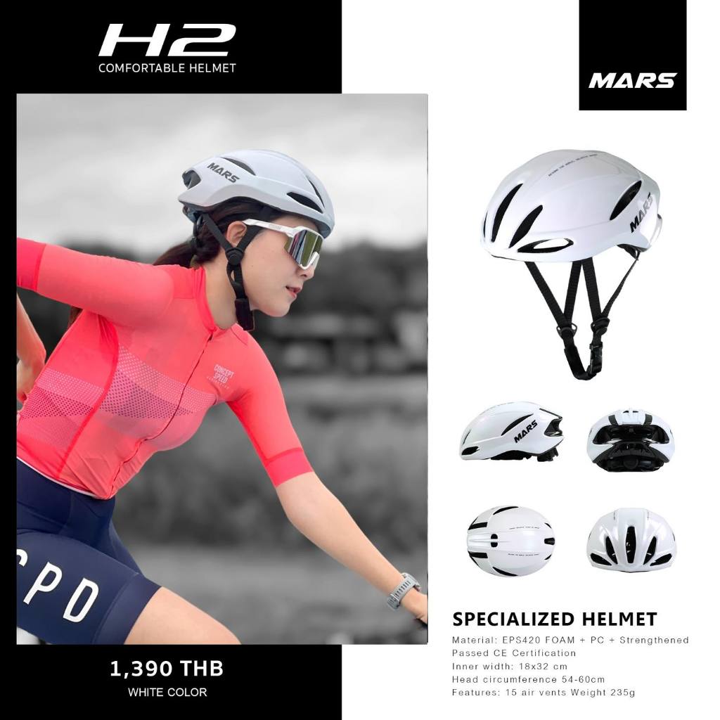 ( ราคาพิเศษ ) MARS หมวกจักรยาน รุ่น H2 ทรงแอโรไดนามิค 15 ช่องระบายอากาศ น้ำหนักเบา