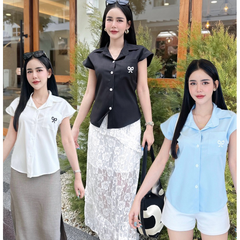 เสื้อเชิ้ตแขนกุดคอปก เชิ้ตปักโบว์ ทรงสวยไฮโซ