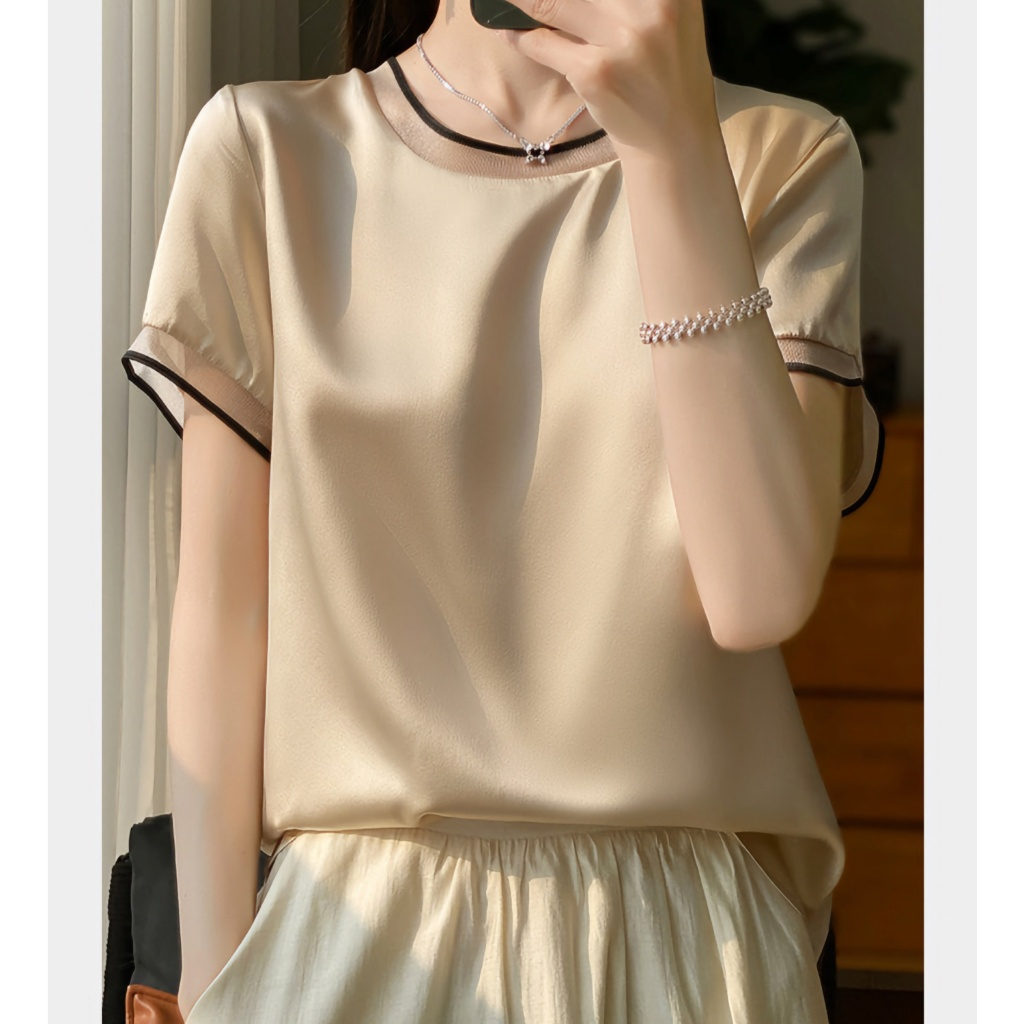【ใหม่】เสื้อผ้าผู้หญิงพลัสไซส์ เสื้อยืดแขนสั้นผ้าไหม เสื้อยืดคอกลมผ้าตาข่าย หรูหรามีระดับ เหมาะสำหรับสาวอวบอ้วน SP0006