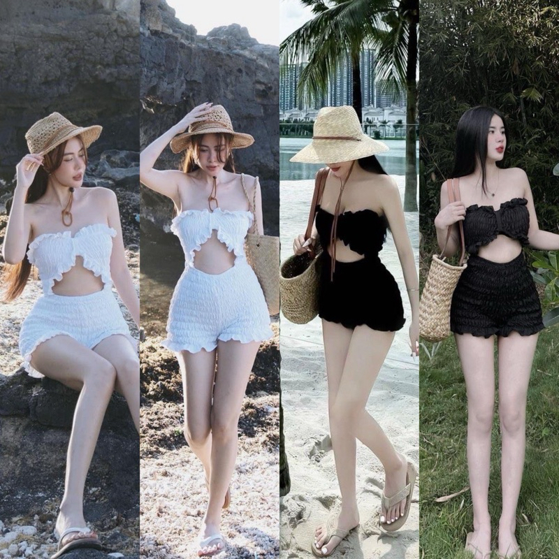 ♡Jumpsuit♡ พร้อมส่ง‼️สไตล์สาวเวียดนาม ᙏ̤̮ ดีเทลเกาะอกสม็อค🎀งานน่ารัก💖ยืดได้เยอะมาก goodluck
