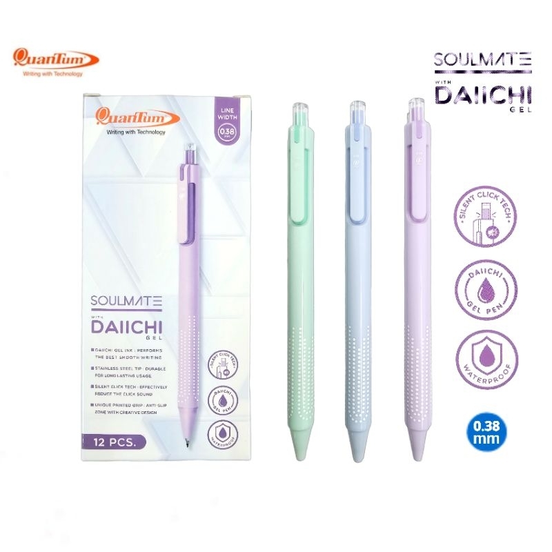 Quantum ปากกาหมึกเจล SOULMATE ขนาด 0.38 มม. หมึกน้ำเงิน เทคโนโลยีช่วยลดเสียงคลิก (ราคา 1 ด้าม/คละสี)