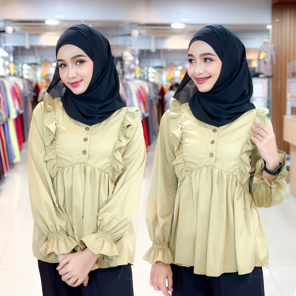 เสื้อ แฟชั่น มุสลิม ระบายอกกระดุม สม็อคปลายเเขน DC67วาริสมุสลิม