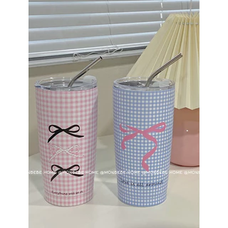 พร้อมส่ง แก้วเก็บความเย็น แก้วเก็บอุณหภูมิ สไตล์บัลเล่ต์🩰โบว์ มีหลอด ไม่น้ำรั่ว ขนาด600ml