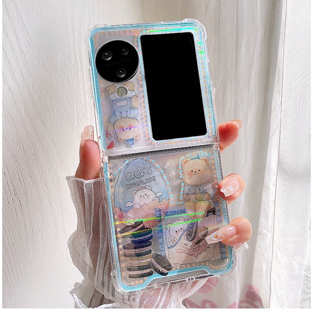เคสโทรศัพท์มือถือสำหรับ OPPO Find N3 Flip , Find N2 Flip เคสพิมพ์ลายน้องหมีกับคุกกี้ เรียบหรูน่ารักสุดคิ้ว