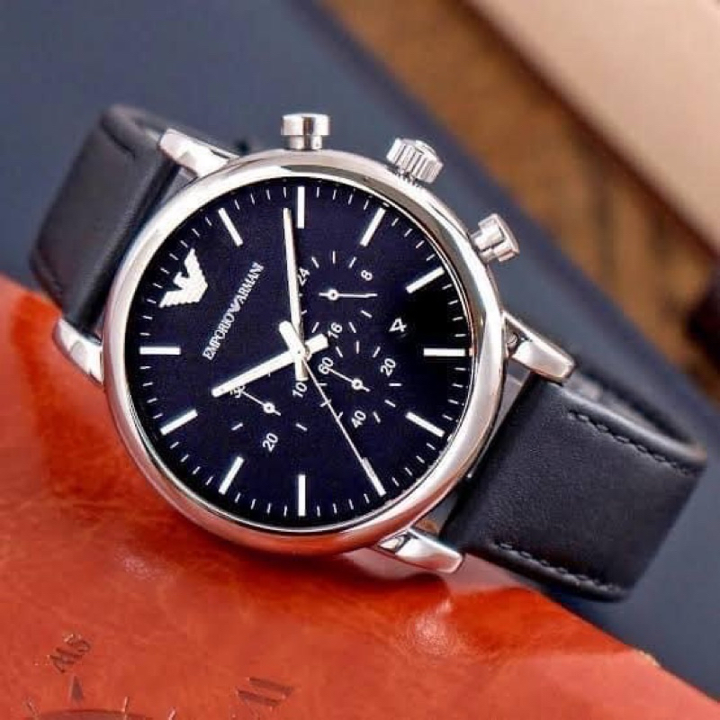 นาฬิกาชาย สายหนังสีดำ Emporio Armani Classic Chronograph Black Dial Men's Watch AR1828 หน้าปัดกลมสีด