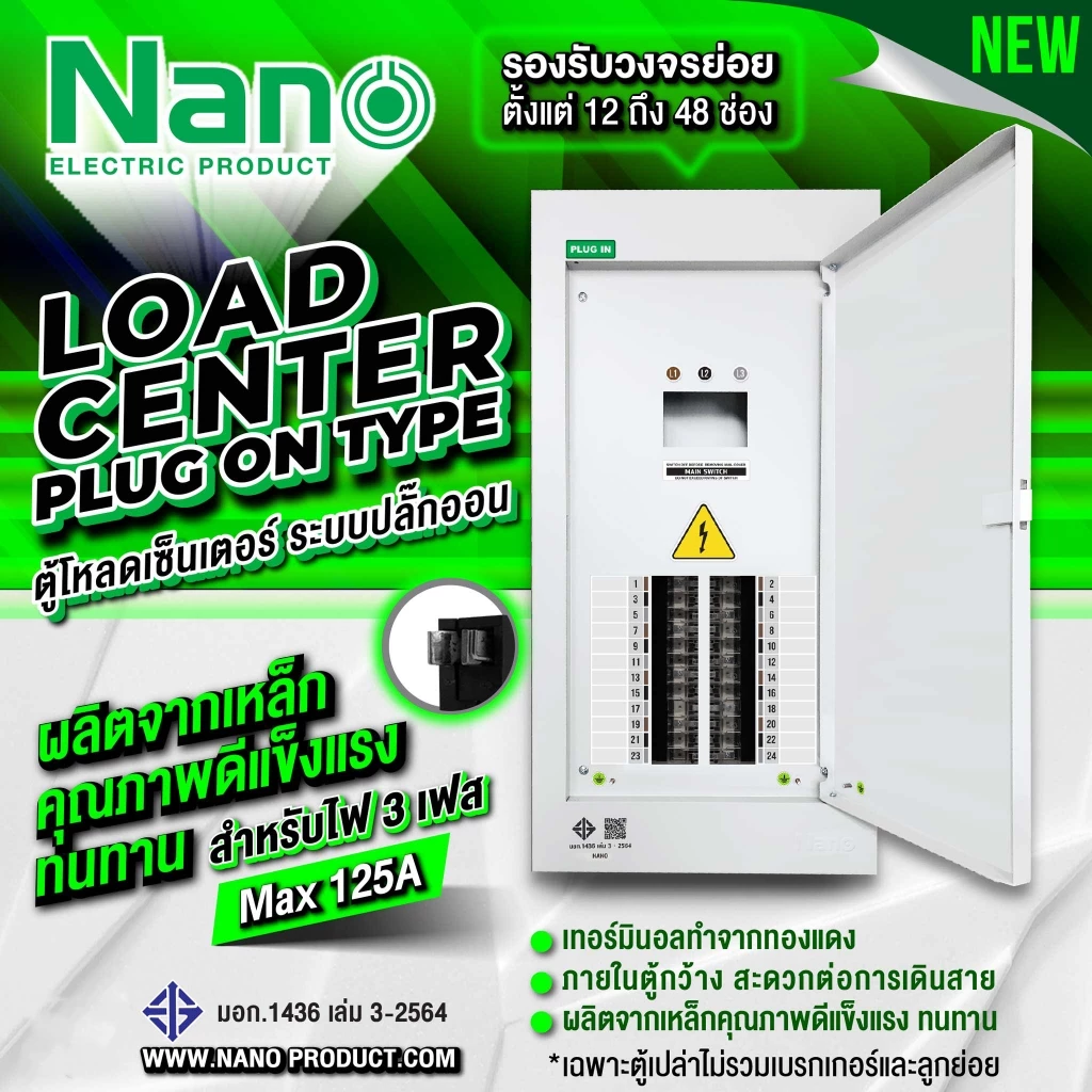 ( พร้อมส่ง )Nano ตู้โหลดเซ็นเตอร์ 3เฟส แบบปลั๊กออน Main MAX125A ตู้เปล่า ไม่รวมเบรคเกอร์ PLUGON NLP-C125MF-12 - 48 ช่อง