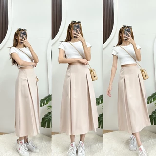 LUNA SKIRT กระโปรงจีบยาวหน้า-หลัง ขอบเอวเรียบซิปหลัง ผ้าบาร์บี้เปเป้ เอวสูง