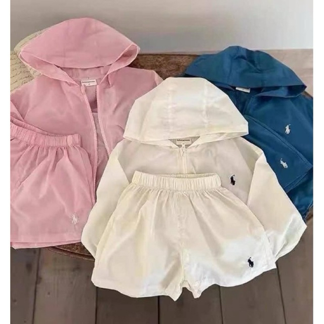 พร้อมส่ง ชุดเซตคลุม POLO แขนยาวมีฮูด+กางเกงขาสั้น ลูกสาวลูกชายใส่ได้