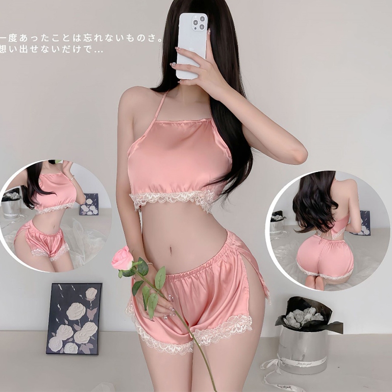 sexy lady ชุดนอนลูกไม้เซ็กซี่ ชุดนอนซาติน เสื้อ+กางเกง สายสะพายปรับได้ วัสดุเรียบ ใส่สบาย ส่งไวจากไทย (H9124)