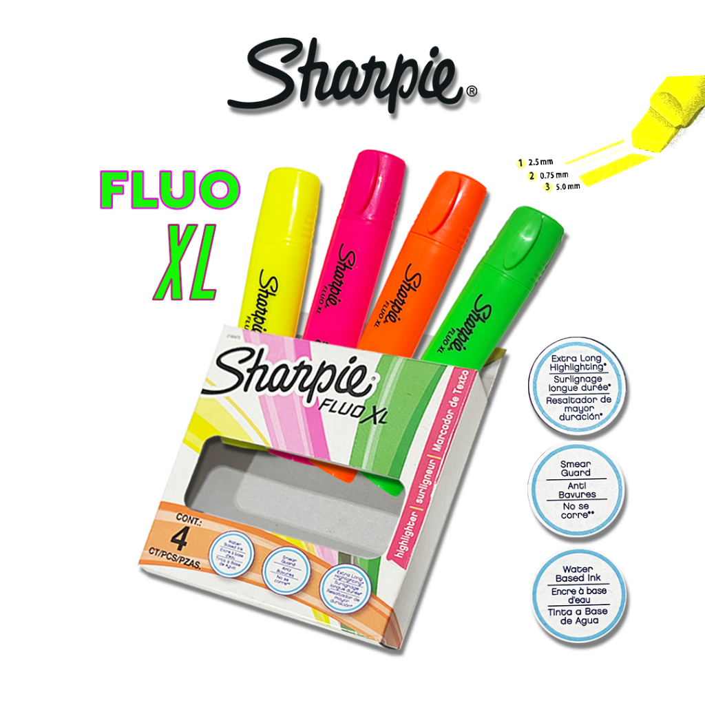 ปากกาเน้นข้อความ ไฮไลท์ FLUO XL เส้นสด เน้นข้อความสวยชัด จาก Sharpie แพ็ค 4สี