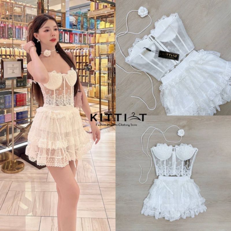 KITTI-T set 2 ชิ้น เสื้อ+กระโปรง ดีเทลสุดจัดเต็ม ตัวเสื้อเป็นซีทรู ตกแต่งด้วยผ้าลายลูกไม้ผสมซีทรู