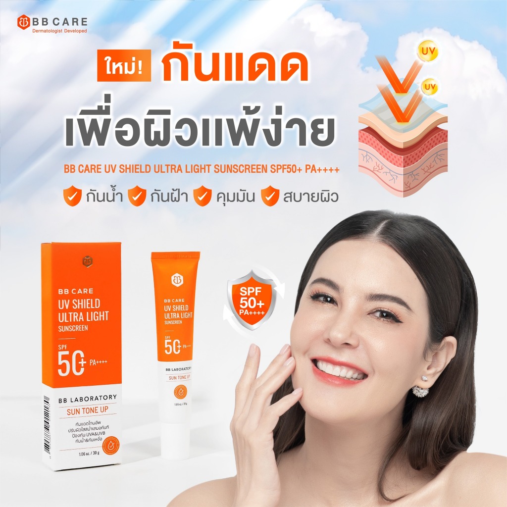 แพ็คเกจใหม่ BB CARE UV SHIELD SPF 50PA++++ กันแดดเนื้อมูส ปกปิด คุมมัน กันน้ำ กันเหงื่อ ขนาด 30 g. ก