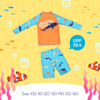 Uwae ชุดว่ายน้ำเด็กชายกันยูวี พร้อมหมวกกันแดด Blue&Orange Sharks รุ่น UV380