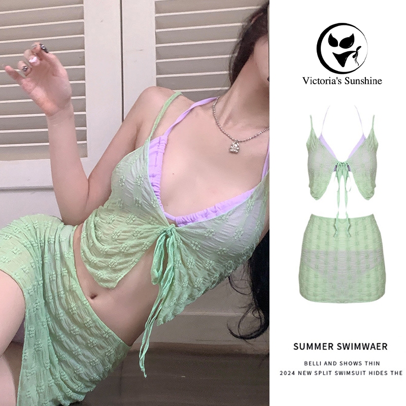 Victoria's Sunshine ชุดว่ายน้ำ ผูกเชือก ชุดบิกินี่ 4ชิ้น เอวสูง sexy bikini ไลฟ์สดลด50%#0201