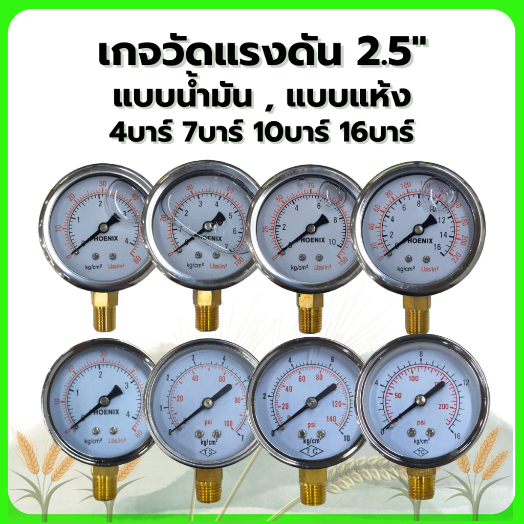 เกจวัดแรงดัน (แบบน้ำมัน , แห้ง)2.5" ขนาด 4บาร์ , 7บาร์ , 10บาร์ , 16บาร์