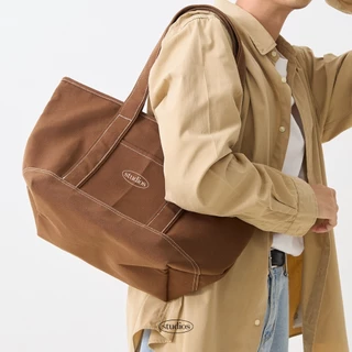 HOMELAND - กระเป๋าผ้า canvas สไตล์ญี่ปุ่น ปักลาย มีซิป (Large) สีดำ / สีน้ำตาล