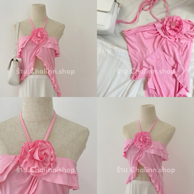 (พร้อมส่ง) Chalinnshop (T41) เสื้อสีชมพูคล้องคอแต่งดอกไม้