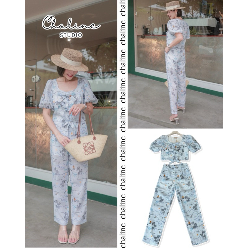 chaline Set 2pcs. เนื้อผ้าคอตตอนอย่างดี พิมพ์ลายน่ารัก ตัวเสื้อมีกระดุมหน้า