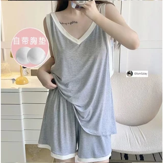 🔥🩳M-4XL(ราคาถูกที่สุด) ฤดูร้อนเสื้อผ้าผู้หญิง， คอวีเรียบหรู， 4 สีเรียบหรู， ผ้าฝ้ายเนื้อนุ่ม， มาพร้อมกับแผ่นรองหน้าอก