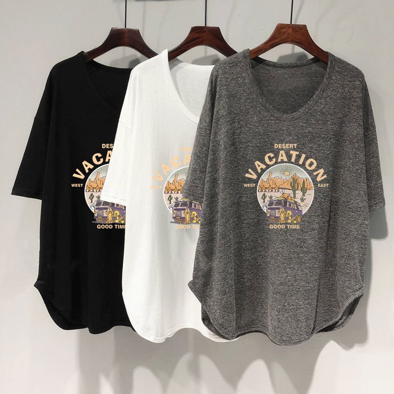 เสื้อยืดผู้หญิงแฟชั่นใหม่ oversize เสื้อผ้าสาวอวบแขนสั้นลําลองทรงหลวมสไตล์เกาหลีแนวสตรีทพิมพ์ลาย เสื้อโอเวอร์ไซส์น่ารักๆ