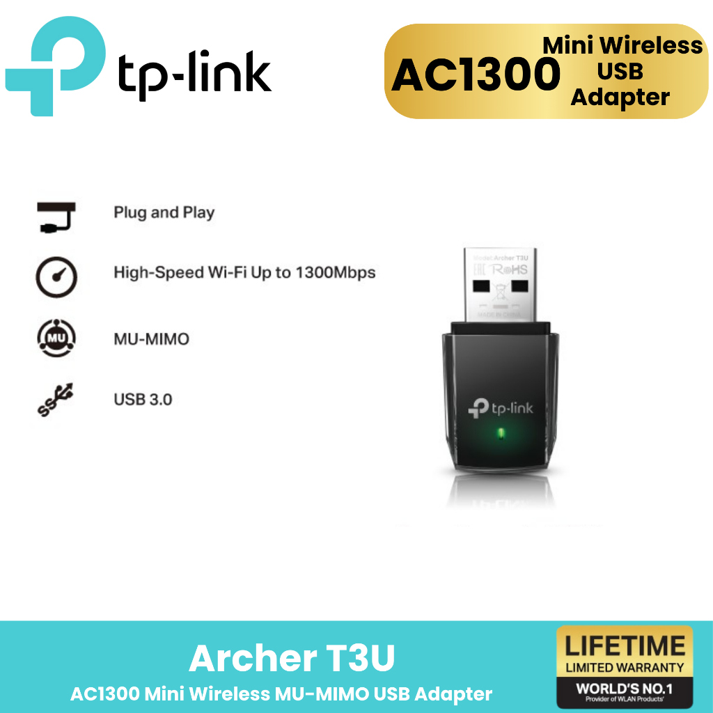 อุปกรณ์รับสัญญาณ TP-LINK (Archer T3U) AC1300 Dual Band Wireless USB Adapter 5GHz, 2.4GHz LT