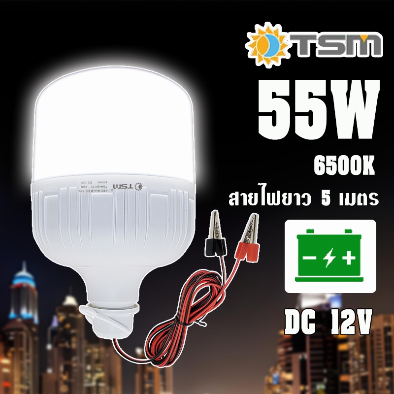 หลอดไฟคีบแบต DC12V แสงสีขาว 10W 15W 20W 55W สายไฟยาว 5 เมตร