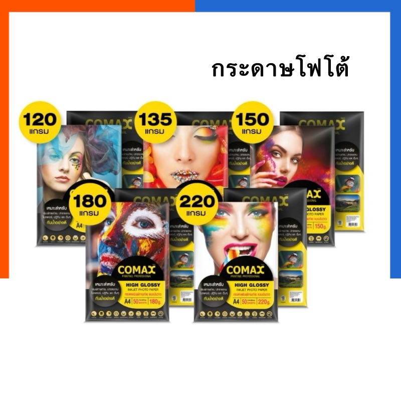 กระดาษโฟโต้ อิงค์เจ็ท แบบมันวาว A4 หนา 120/150/180 แกรม แพ็ค 100แผ่น ยี่ห้อ Comax PHOTO GLOSSY INJET กระดาษถ่ายรูป US