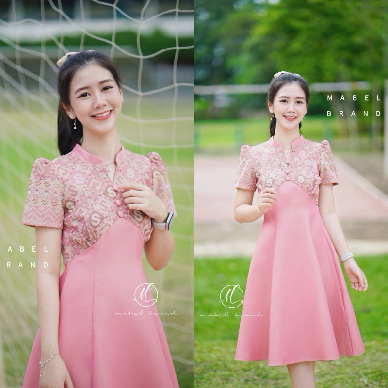 ชุดเดรสผ้าไทยสีโอรส ป้าย Mabel brand ของใหม่