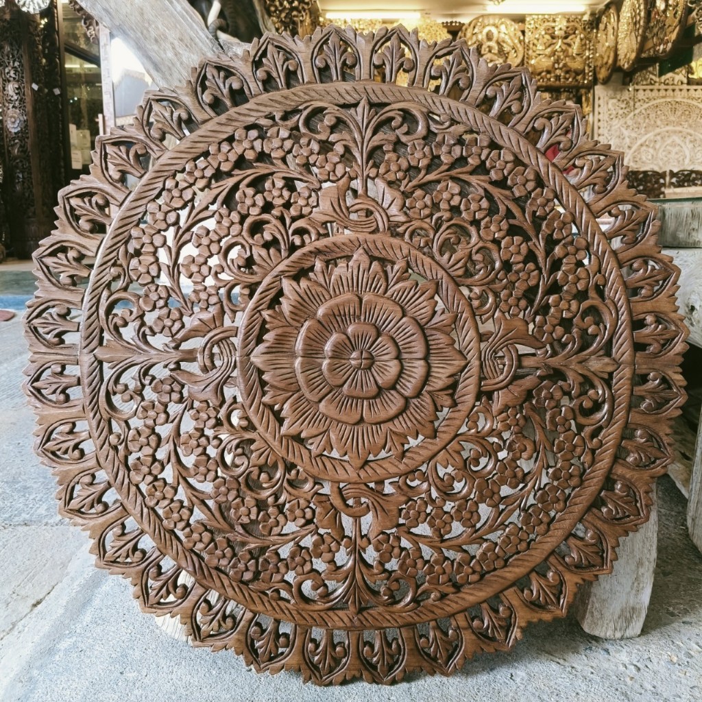 แผ่นไม้แกะสลัก ไม้สัก ขนาด 75 ซม. สีน้ำตาล ลงแว็กซ์ ขัดเงา Wood Carving 75cm.