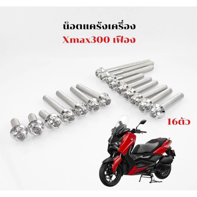 น็อตแคร้ง ชุดน็อตแคร้ง หัวเฟือง Xmax300 1ชุดมี16คัว เลสเงิน