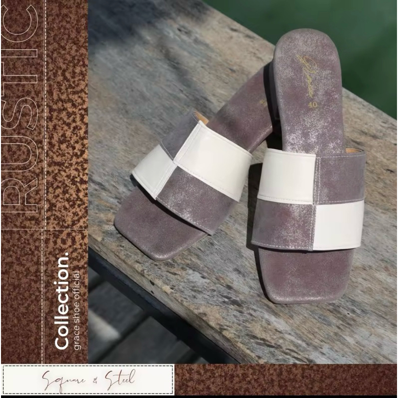 grace รองเท้าเปิดส้นออกงานลายตาราง รองเท้าแตะส้นสูงแฟชั่นผู้หญิง 1.5 นิ้ว ใส่ไปงานแต่ง ใส่ไปเที่ยวมี