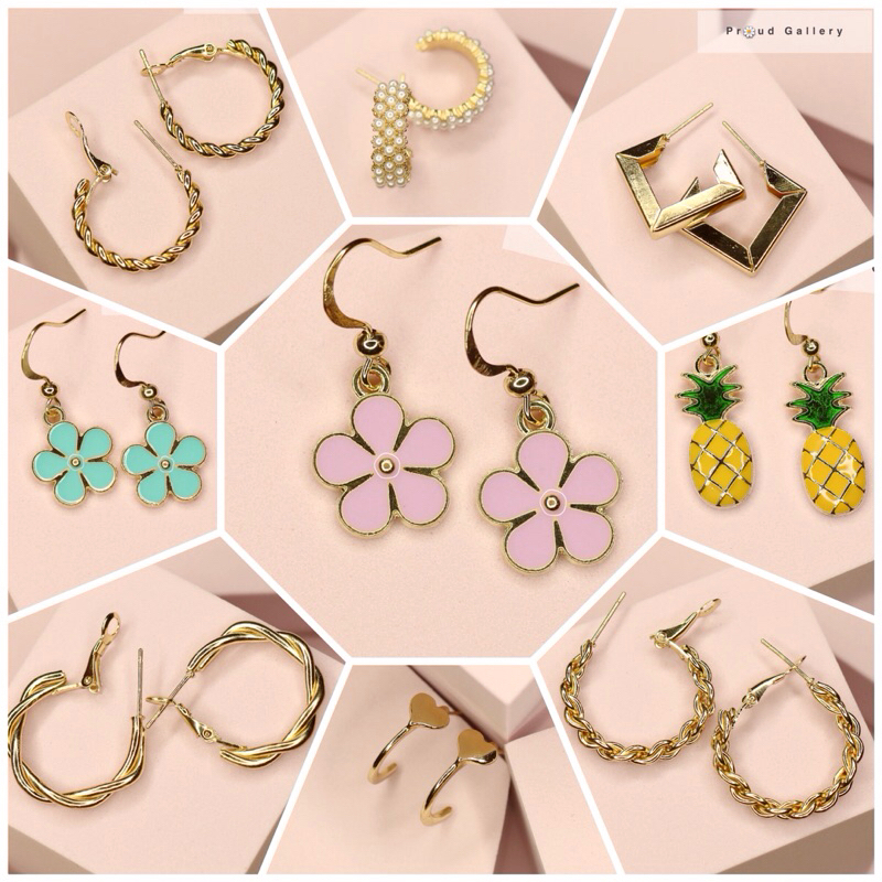 (1คู่) Earrings Drop ต่างหูแฟชั่น แฟนซี การ์ตูน ดอกไม้ ก้านโลหะ