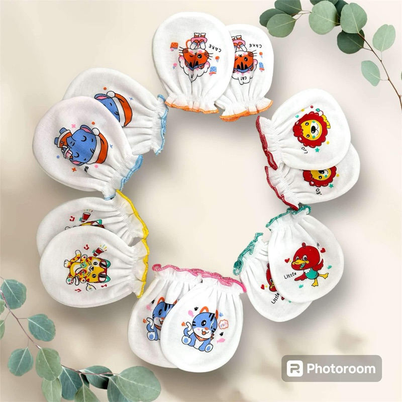 ถุงมือเด็กแรกเกิด ถุงมือสกรีนลายผ้าขาวเด็กแรกเกิด 12 คู่