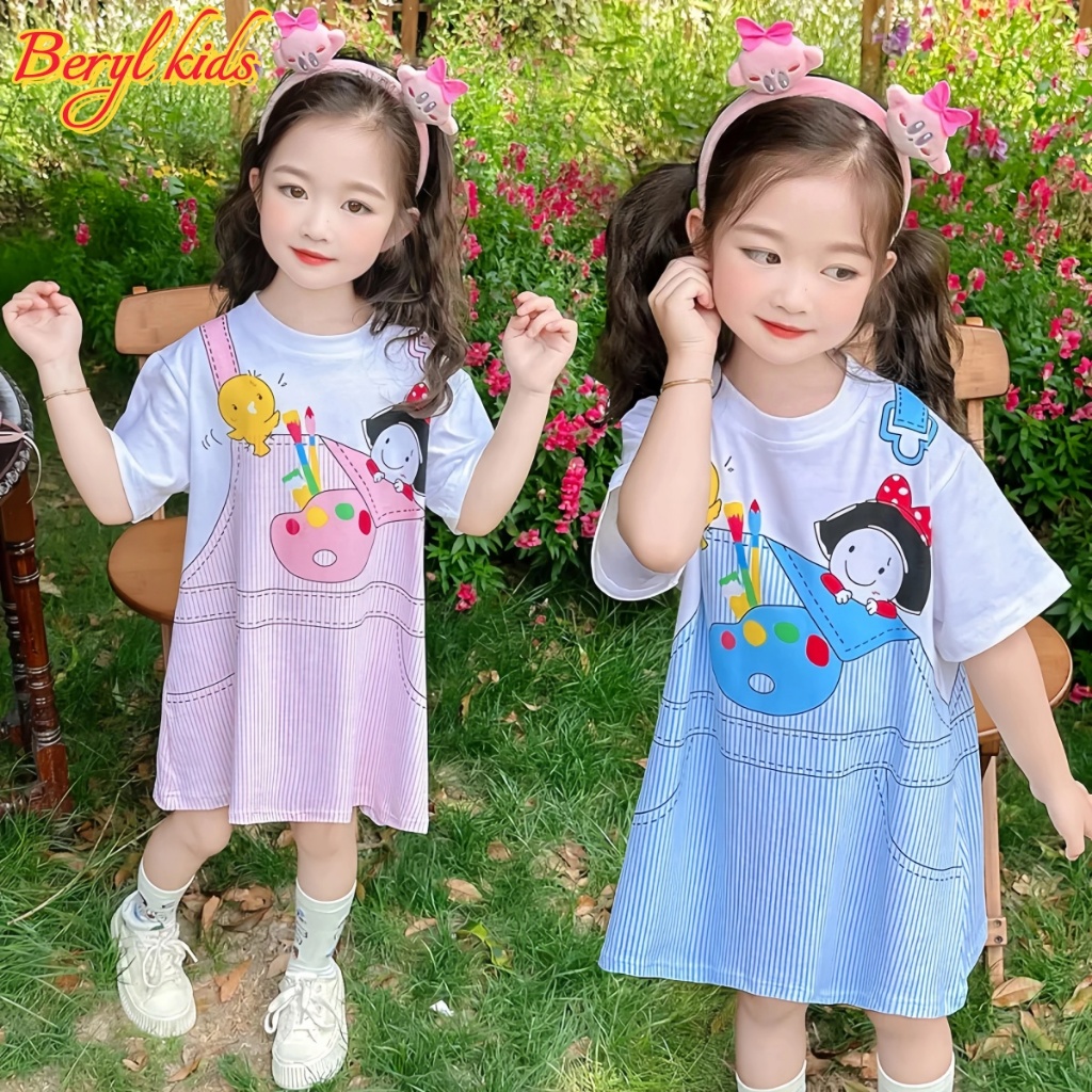 Beryl kids ชุดเดรสเด็กผู้หญิง แฟชั่น กระโปรงแขนสั้น ลำลอง พิมพ์ลายน่ารัก สไตล์เกาหลี ฤดูร้อน 2-9ปี