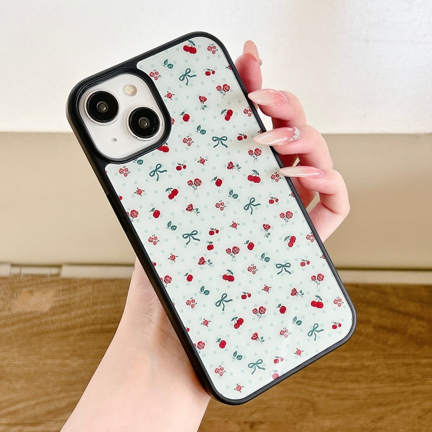 ใหม่ เชอร์รี่ โบว์หูกระต่าย ดอกไม้ เคสไอโฟน 15 14 13 12 pro max หวานสวย ขอบดำ สีเขียวอ่อน ลวดลาย case for iPhone 11