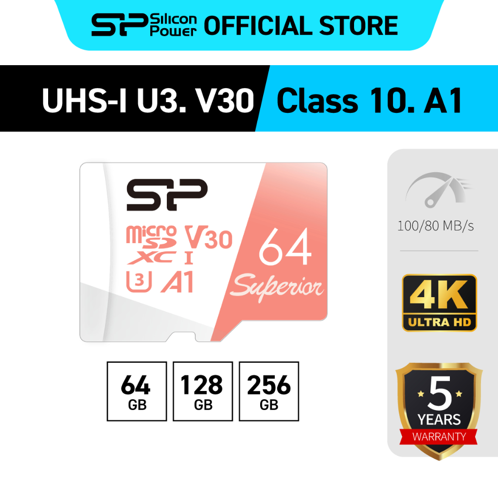 Silicon Power High Speed MicroSD Card 64GB/128GB/256GB รุ่น Superior A1 microSDXC UHS-I V30 with Adapter