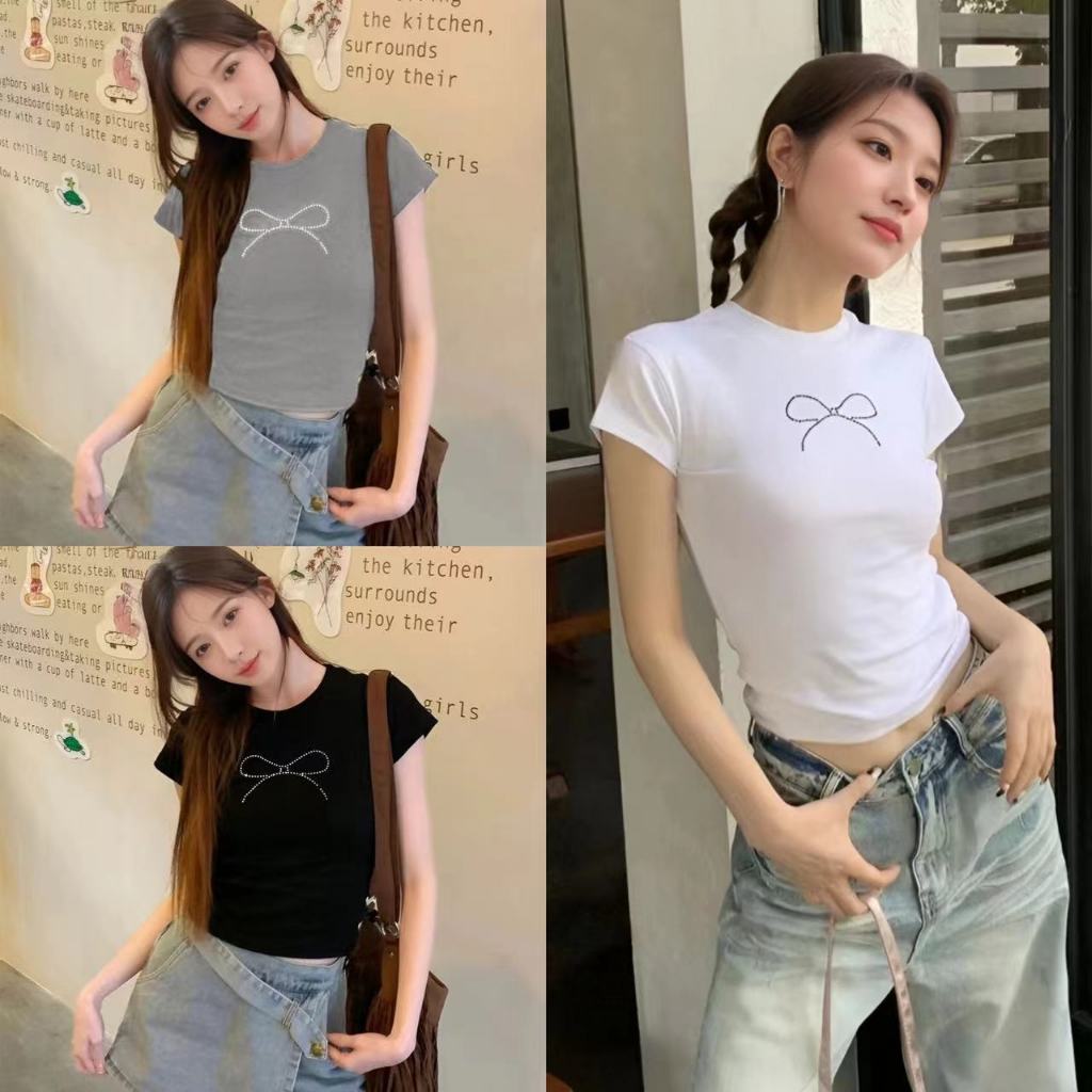 เสื้อยืดแขนสั้นผูกโบว์เพชรสำหรับผู้หญิง สไตล์ฤดูร้อน ทันสมัยและเหมาะสำหรับทุกๆ สถานการณ์ในช่วงหน้าร้อน