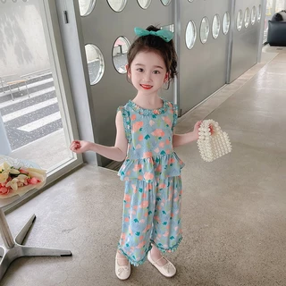 Babyonline(Y459)I4 (ส่งด่วน1วัน)ชุดเซ็ตเสื้อแขนกุดกางเกงขายาวสำหรับเด็กผู้หญิง ใส่สบาย ระบายอากาศ