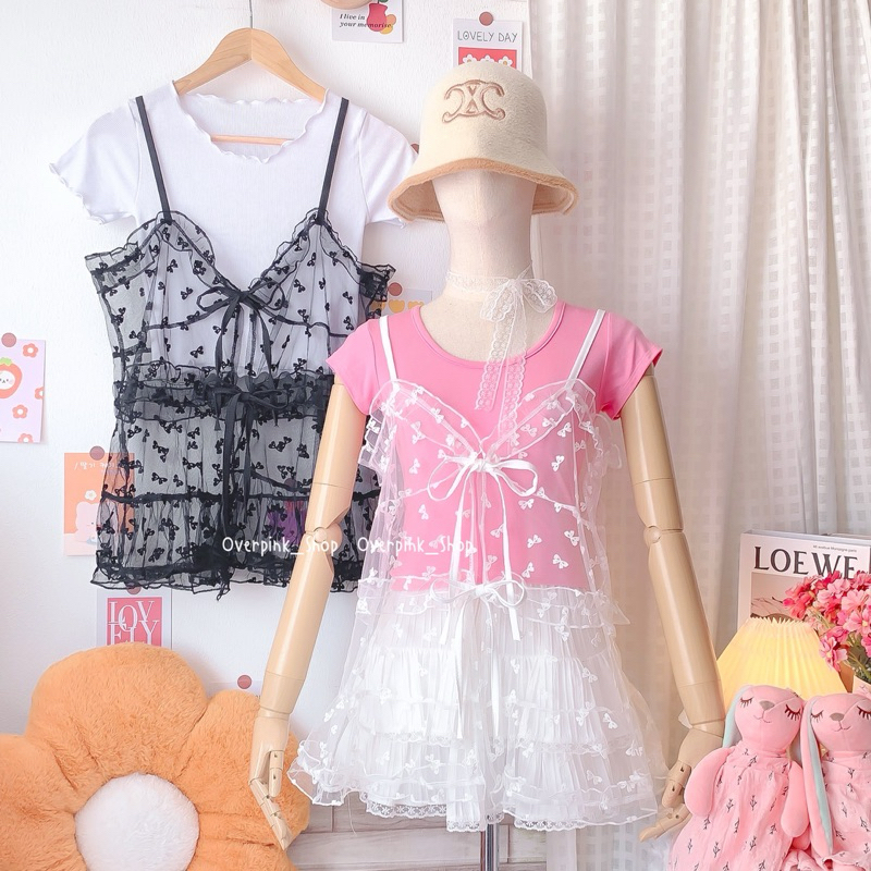 OVP มี4แบบ เสื้อสายเดี่ยว ผ้าตาข่ายลายดอกไม้สีขาว แต่งผูกโบว์ข้าง เสื้อคลุมแฟชั่น