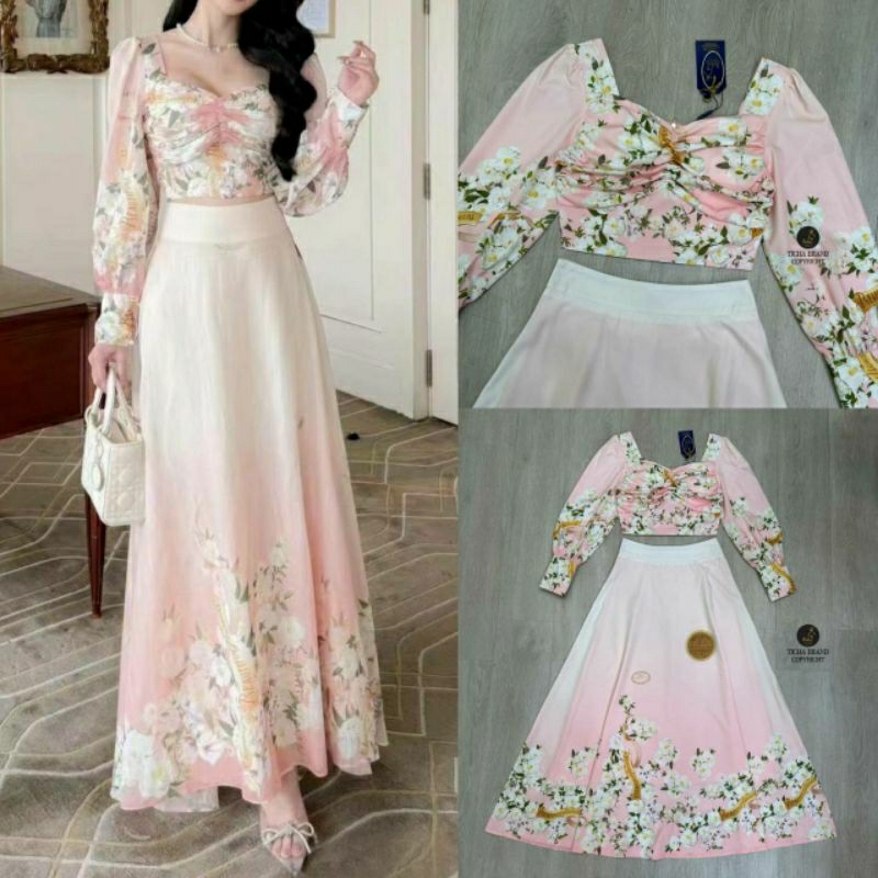 (S-4XL) Ticha📣พร้อมส่งเซ็ทเสื้อครอปแขนยาวจั้มปลายพิมพ์ลายดอกไม้สีชมพูอกเย็บจีบเสริมฟองน้ำ+กระโปรงยาว