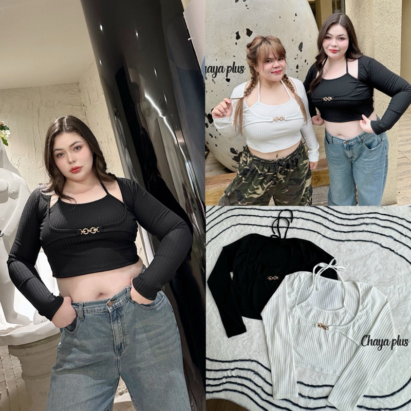 (CY) เสื้อครอปแขนยาว ผูกคอ แต่งอะไหล่ทองช่วงอก เก๋ เฟียส ตัวแม่เว่อ เสื้อผ้าสาวอวบอ้วน พลัสไซส์ ไซส์ใหญ่