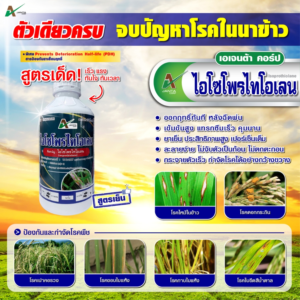 ไอโซโพรไทโอเลน (สารเดียวกับแบรนด์ดัง) กำจัดโรคในนาข้าว ใบไหม้ ขอบใบแห้ง กาบใบแห้ง ใบจุดสีน้ำตาล ยากำจัดเชื้อรา