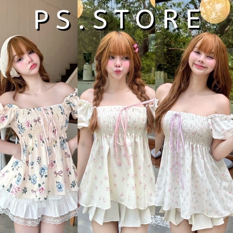 Freya : เสื้อแขนตุ๊กตาสม็อคตัวโบว์หน้า ลายดอกน่ารัก
