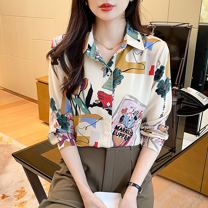 berry pink เสื้อเชิ้ตผู้หญิงพิมพ์ลายแขนยาวคอปกผ้าชีฟอง poloเสื้อย้อนยุคแฟชั่นเนื้อผ้าดี เรียบๆ