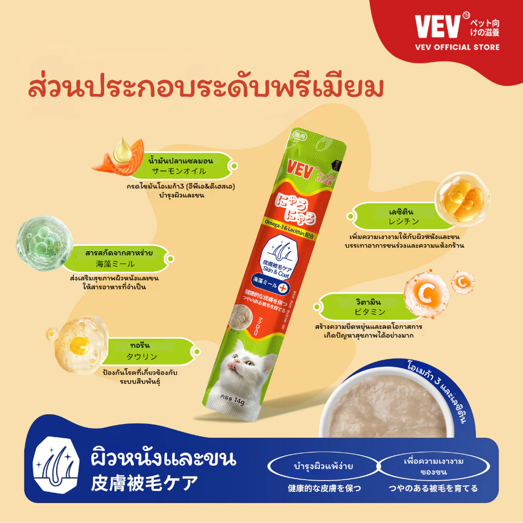 COUCOU VEV แมวเลีย วิตามินแมว อาหารเสริม ไลซีน วิตามินรวม แบ่งขายแบบซอง 14g thumbnail 4