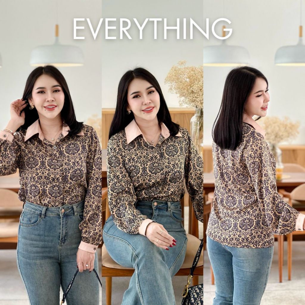 Everything2019 เสื้อทำงานผู้หญิงคอปก แขนยาว ลายสวย เนื้อผ้าใส่สบาย มีหลายไซส์ พร้อมส่ง (2008-1)
