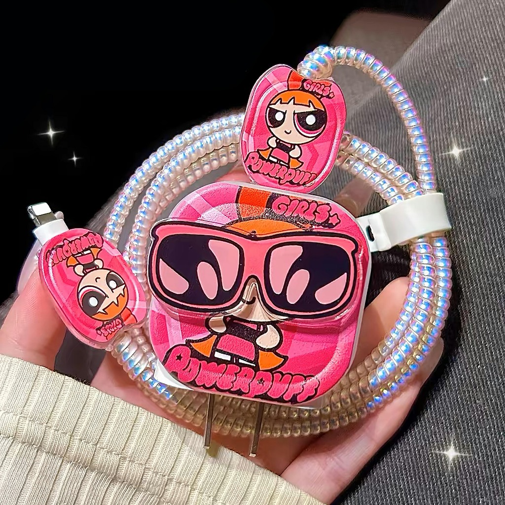 พร้อมส่ง ชุดถนอมหัวชาร์จเเละสายชาร์จ พัฟเกิร์ลชมพู ตกเเต่งสายเเละหัวชาร์จให้ หน้ารัก หน้าใช้งาน 35W 20W 18W
