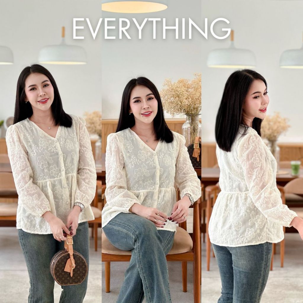 Everything2019 เสื้อคอวีลูกไม้ ชายระบาย แขนยาว กระดุมมุก สีครีม มีซับใน ใส่งานบุญสวยมาก ใส่ได้ทุกโอกาส (6401)