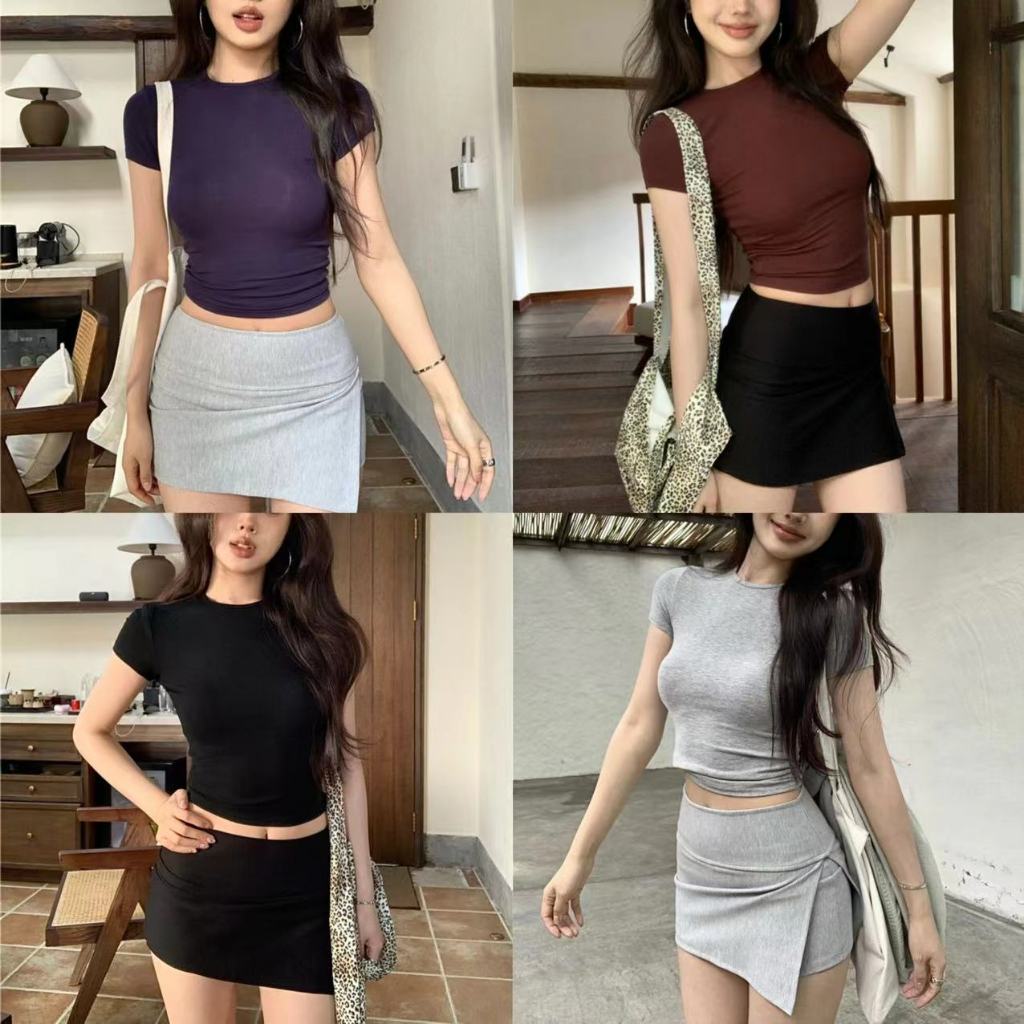 พร้อมส่ง ชุด2ชิ้น เสื้อแขนสั้นคอกลม+กระโปรงสั้นเอวสไตล์ลำลอง 4สี สูงมีซับใน ผ้าฝ่ายคุณภาพสูง ดูผอมลง สไตล์เกาหลี